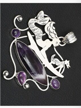 2 inch, 925 marked, Purple Amethyst, with silver,Mermaid and dog on serf board.